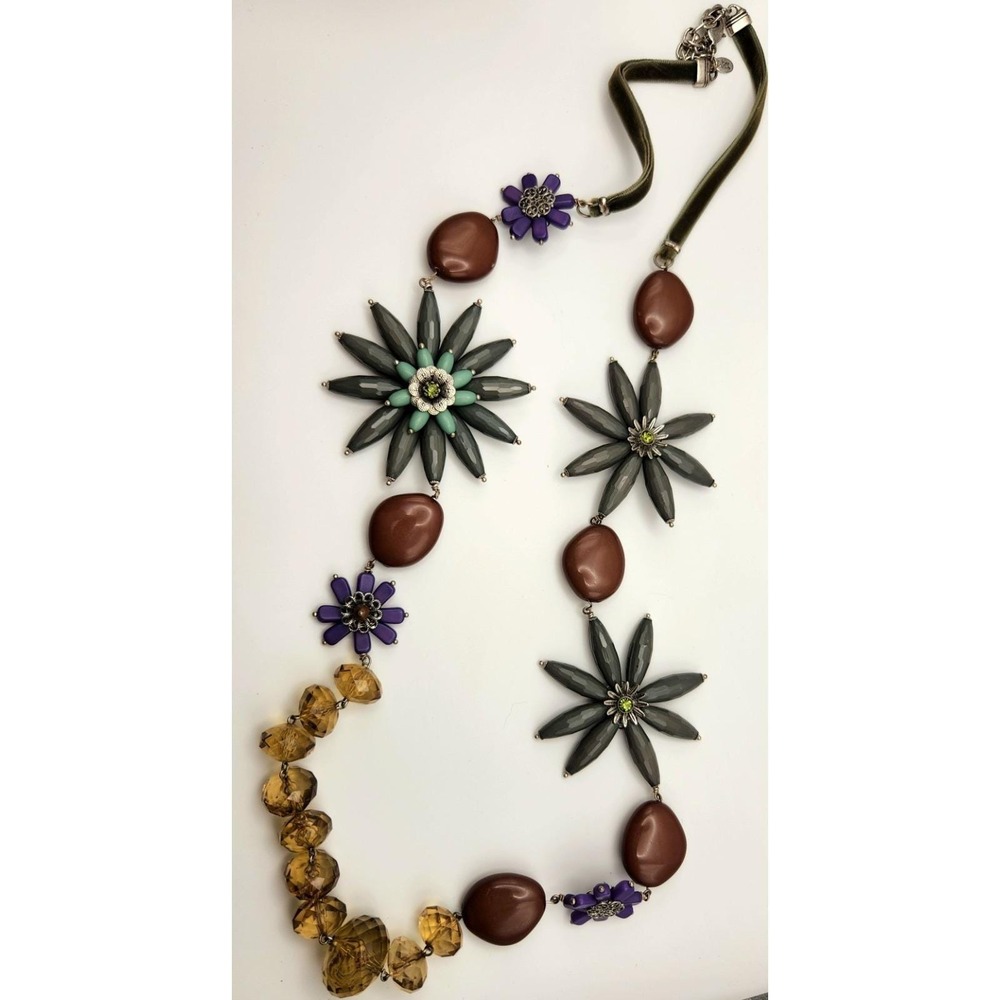Signed Joan Rivers 42" Floral Statement Necklace Green Purple Amber Beaded VTG